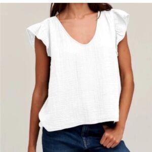 Three Dots White cotton gauze v neck flutter sleeve  Relaxed fit blouse Sz LARGE